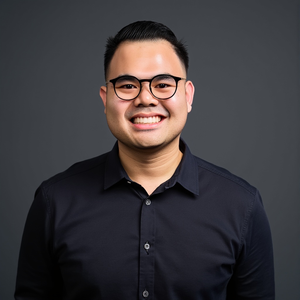 A current professional headshot of Khris Baizen. He is smiling widely and confidently, wearing a dark navy button-up shirt and round black glasses. The background is a solid dark gray, and the lighting highlights his face and clean-cut hairstyle.