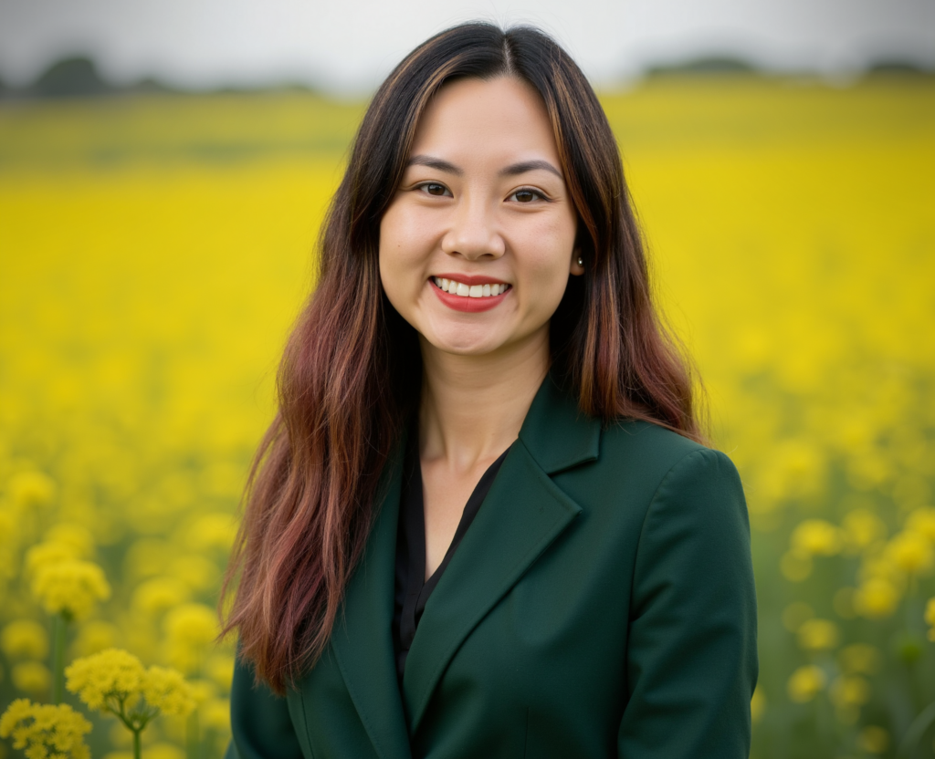 A professional headshot of Panicha McGuire, a Thai, Chinese, and Vietnamese American woman with long, wavy dark brown hair. She is smiling warmly and wearing a dark green blazer over a black top. The background features a vibrant yellow field of flowers with a blurred horizon, creating a bright and inviting setting. The natural lighting highlights her friendly and confident demeanor.