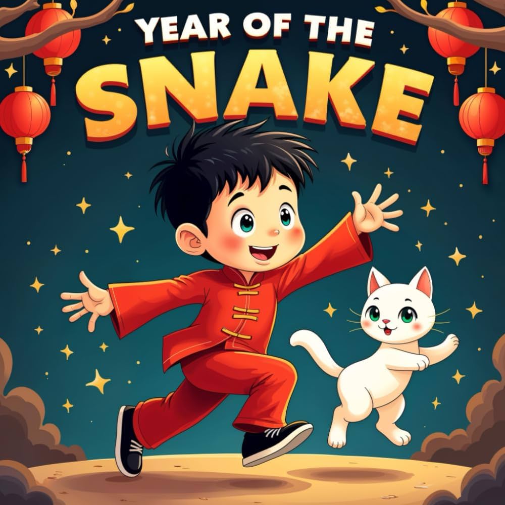 An illustrated book cover for "Year of the Snake" features a cheerful young boy with black hair wearing a red traditional outfit, running joyfully alongside a playful white cat. The background is a nighttime scene filled with glowing stars and red lanterns hanging from tree branches above. The title, "Year of the Snake," is displayed in bold yellow letters at the top, creating a festive and celebratory atmosphere.