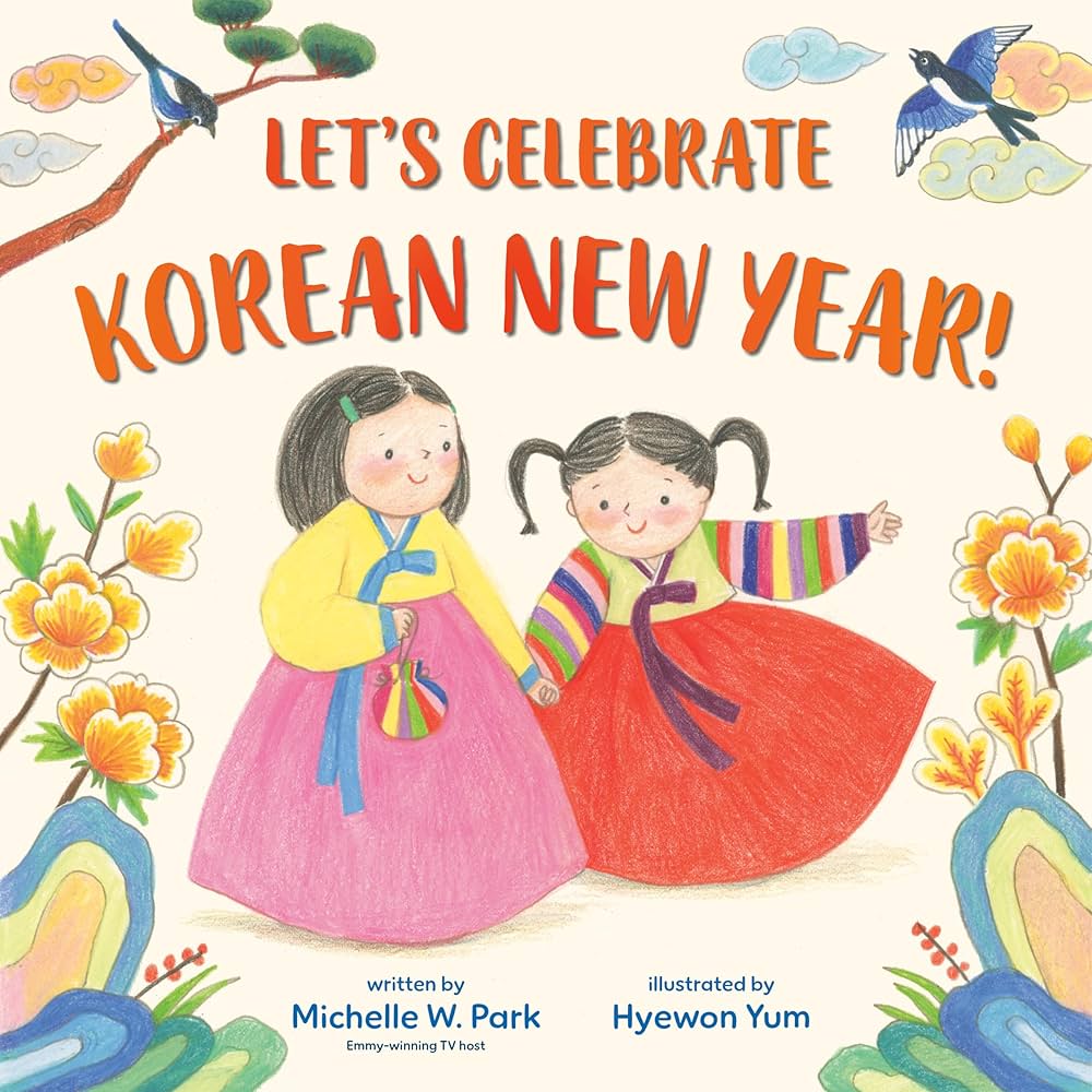The book cover for Tomorrow Is New Year's Day: Seollal, a Korean Celebration of the Lunar New Year by Aram Kim features two cheerful children dressed in traditional Korean hanbok. The child on the left wears a colorful striped hanbok and green round glasses while holding a white envelope with the Korean flag symbol. The child on the right is dressed in a navy and gold hanbok and lovingly holds a smiling calico cat wearing a small hanbok. Above them, the title is written in bold red and blue text, with a string of moon phases adorning the top of the light cream background. The illustration is vibrant and celebratory, emphasizing the joy of the Korean Lunar New Year.