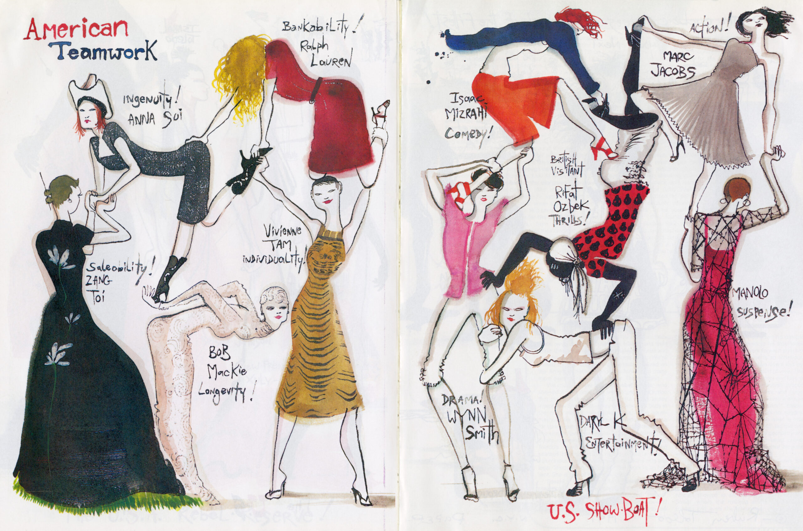 Ruben Toledo, “The Tug of War Continues...” illustration in Paper Magazine , December 1997, loan from Adnan Ege Kutay Collection . Courtesy of Rubin Toledo - Celebrating Asian Americans in Fashion