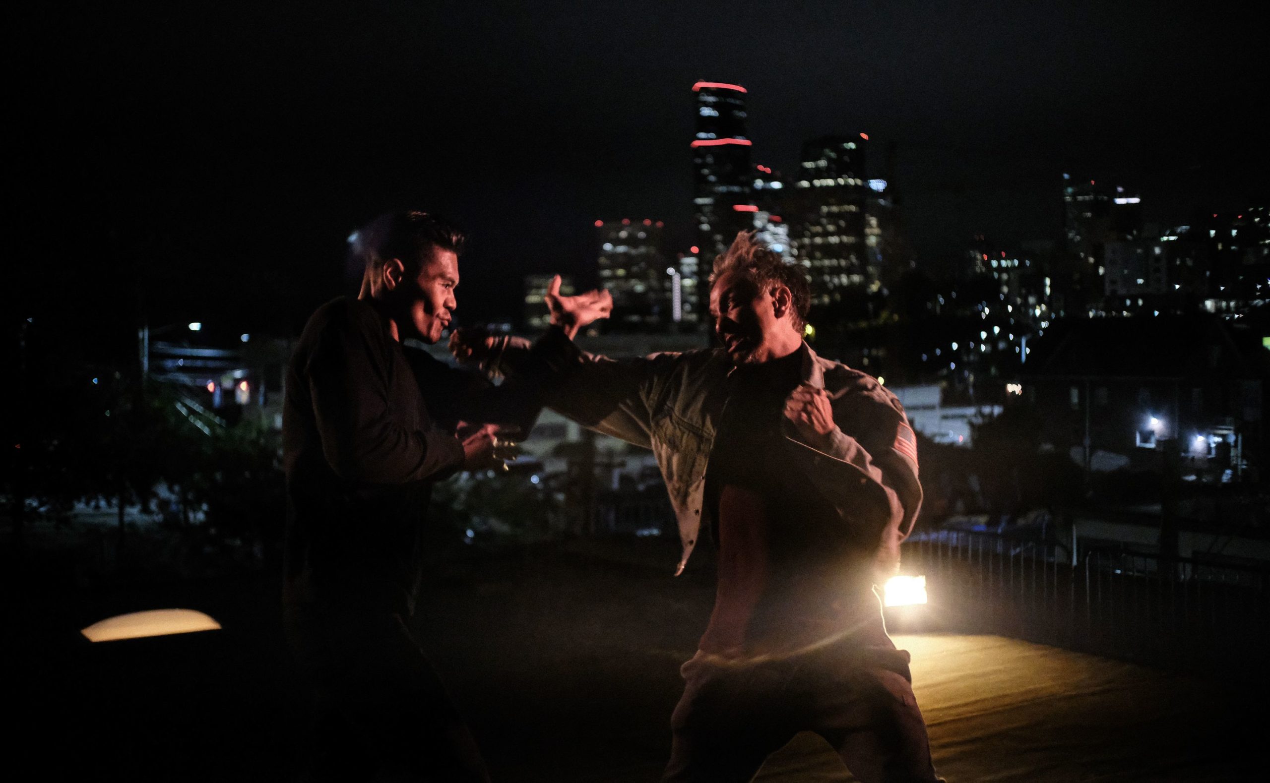 Ken Quitugua and Alain Uy on the rooftop scene in The Paper Tigers film