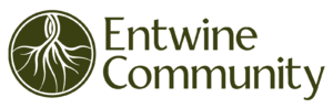 Entwine Community Logo – A circular emblem with an intricate tree root design in earthy green, symbolizing interconnectedness and community. To the right, the words "Entwine Community" are written in an elegant, modern serif font in the same earthy green color.