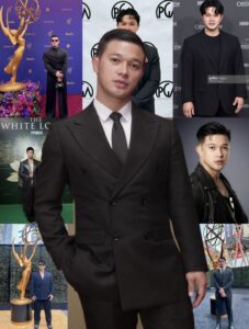 Filipino American,Justyn Reyes at several high-profile events such as the Emmys, PGA Awards, and HBO premieres. Justin is pictured in a range of formal outfits including black suits and tailored jackets, often posing confidently on the red carpet or in front of step-and-repeat backdrops.