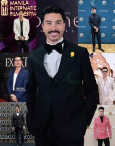 JP Mallo in various red carpet and event looks, including appearances at the Emmys, Manila International Film Festival, and Netflix events. JP wears a range of bold and stylish outfits from tuxedos to patterned suits, exuding confidence and fashion-forward energy.