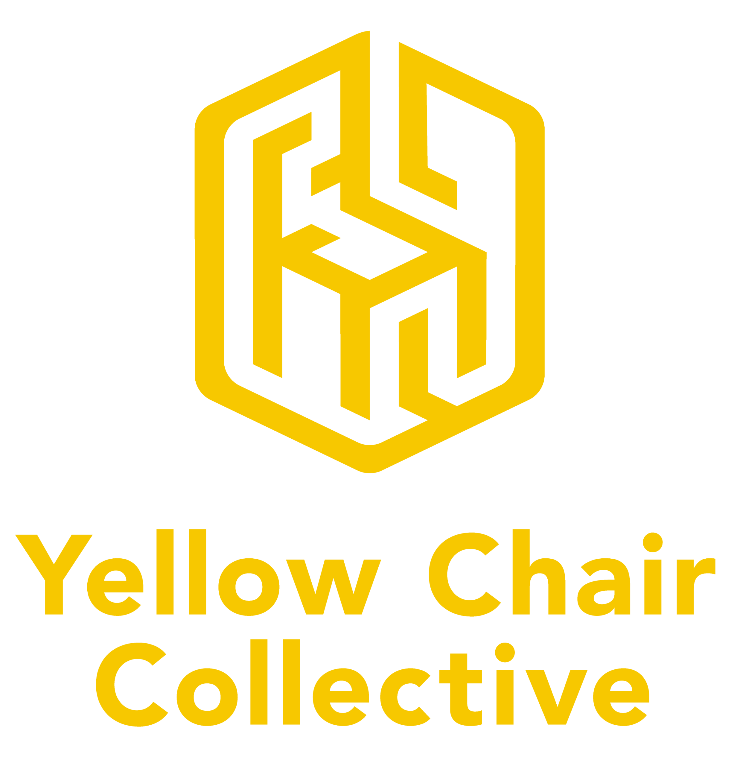 Yellow Chair Collective Logo – A bold, geometric logo in bright yellow featuring an abstract hexagonal design resembling the letters "YCC." Below the logo, the organization's name, "Yellow Chair Collective," is written in bold yellow text.