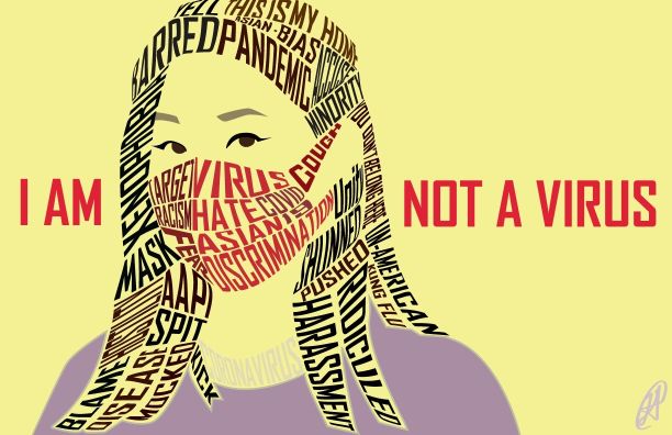 A typographic illustration of an East Asian woman with the message "I am not a virus."