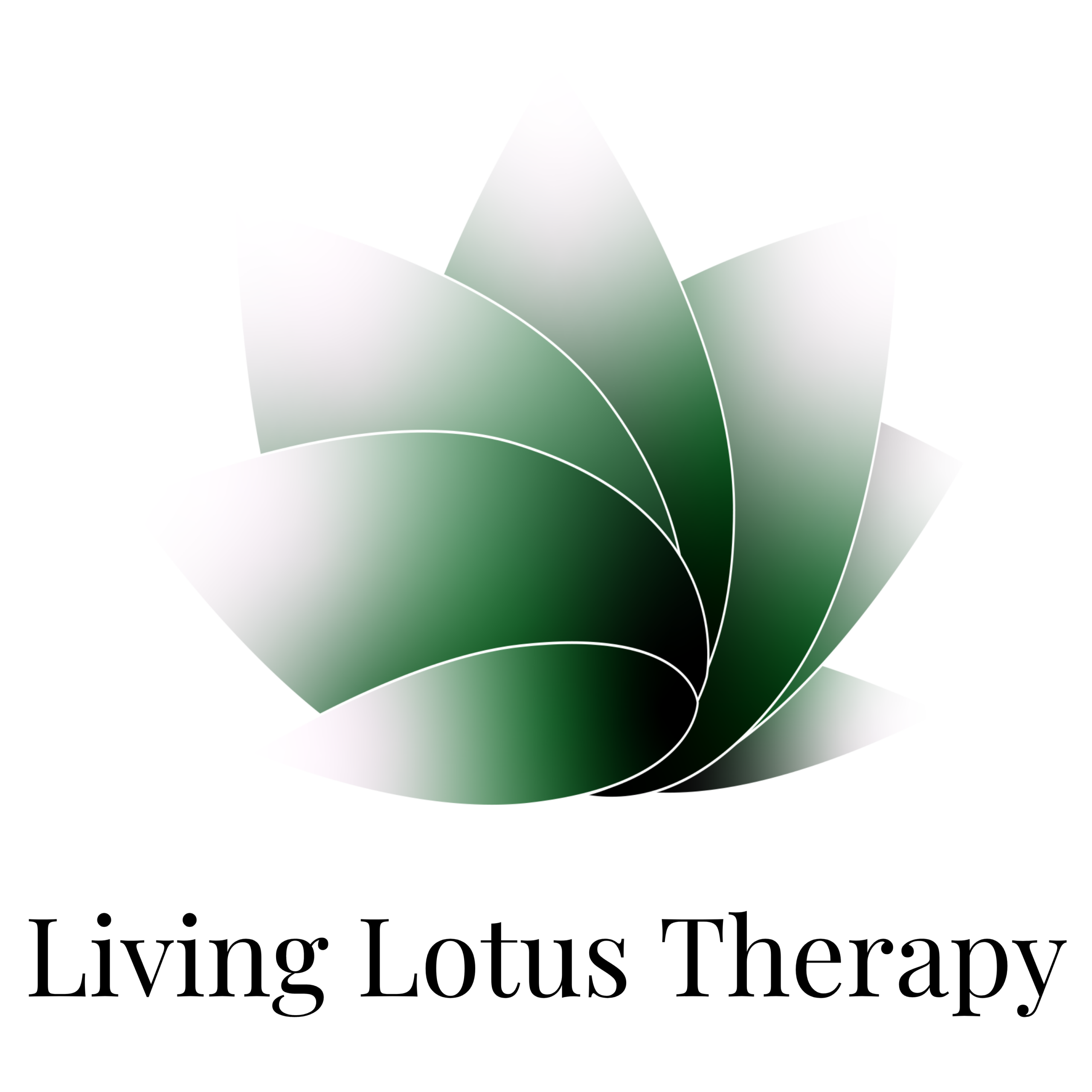 A logo for "Living Lotus Therapy" featuring a stylized lotus flower with overlapping green petals that have a gradient effect, transitioning from deep green at the base to a soft white fade at the tips. Below the lotus design, the name "Living Lotus Therapy" is written in an elegant serif font in black. The logo conveys a sense of growth, healing, and tranquility.