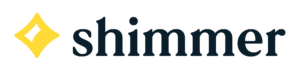 The logo for Shimmer features a stylized yellow diamond-shaped icon with an open center, resembling a shining spark or star, positioned to the left of the word "shimmer" in a sleek, dark navy serif font. The design conveys a sense of brightness, clarity, and elegance.