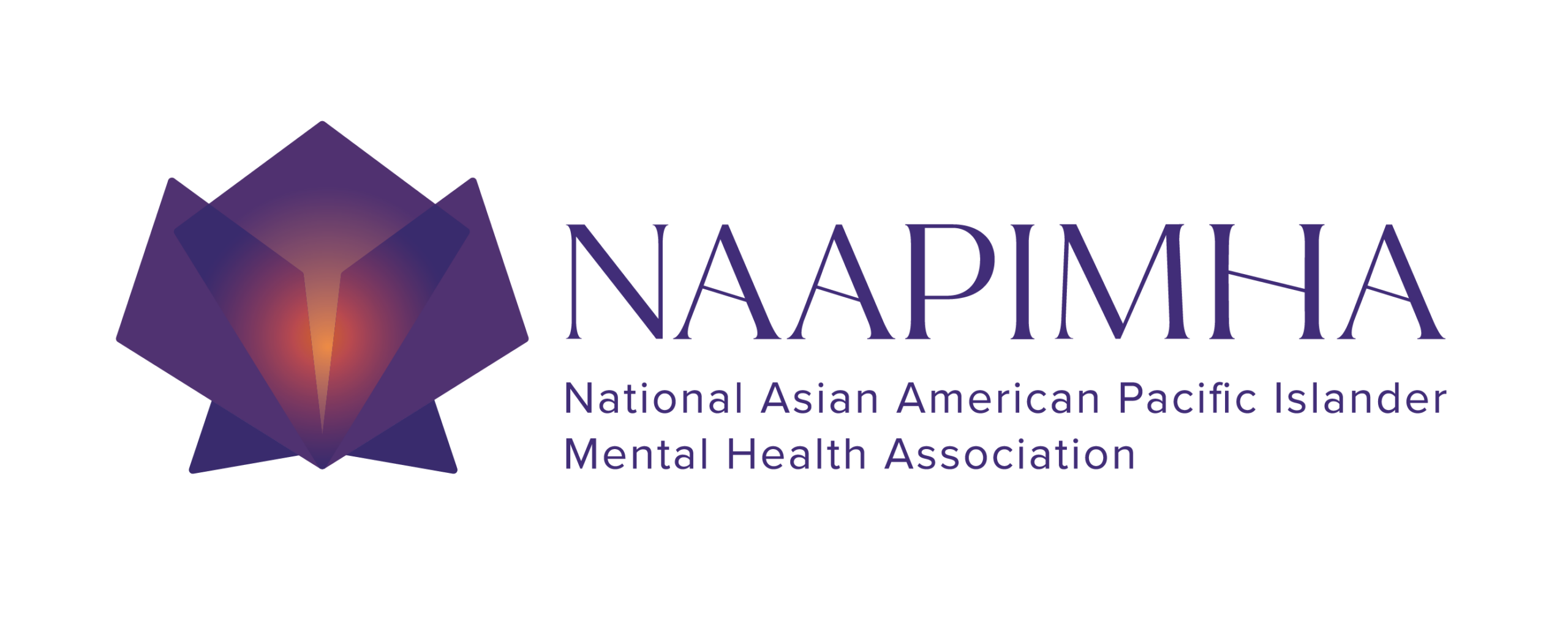 The logo for NAAPIMHA (National Asian American Pacific Islander Mental Health Association) features a geometric, origami-inspired lotus design in shades of purple with a warm orange glow at its center. To the right of the symbol, the acronym "NAAPIMHA" is displayed in a bold, elegant serif font, with the full organization name written below in a smaller sans-serif font. The design conveys a sense of mental wellness, healing, and cultural identity.