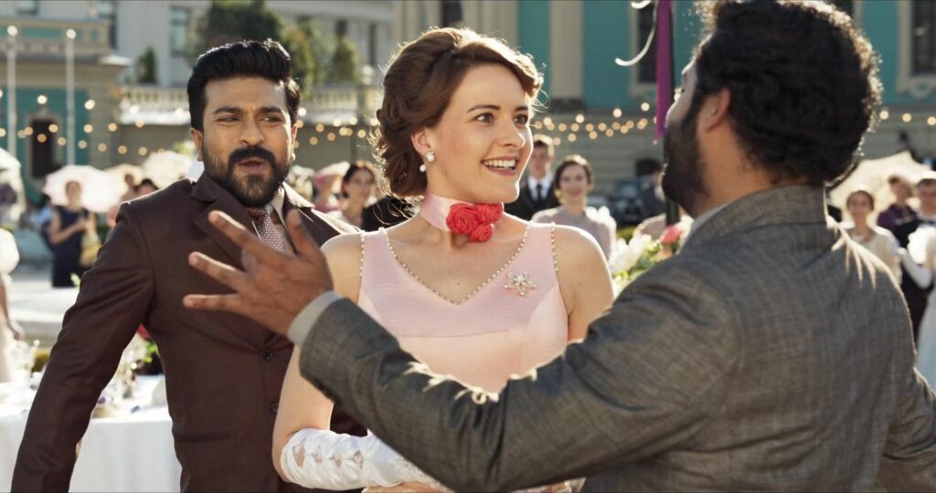 Still from Naatu Naatu in RRR with Jenny, Bheem, and Raju