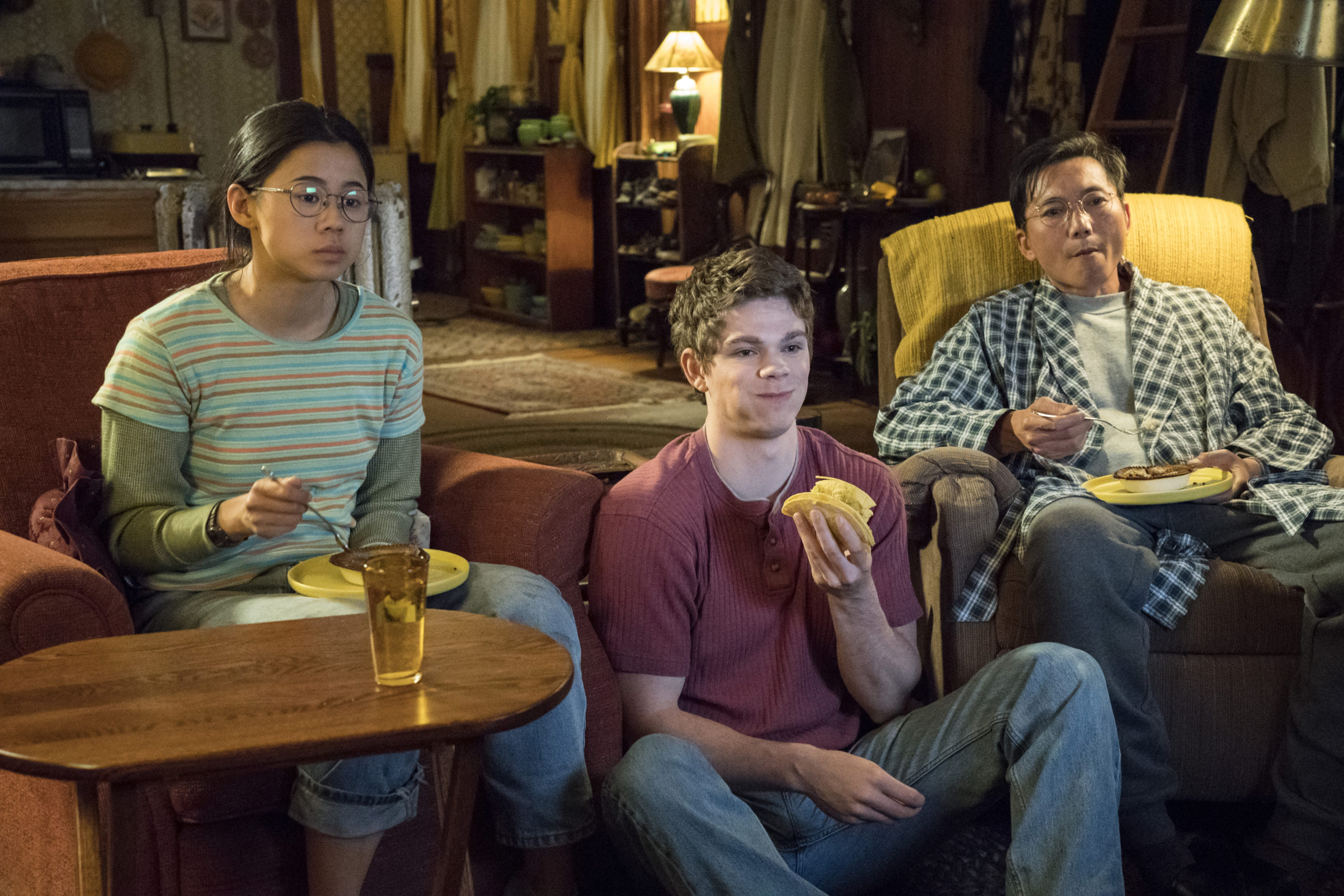 Leah Lewis, Daniel Diemer, Collin Chou on. the set of Netflix's The Half of It