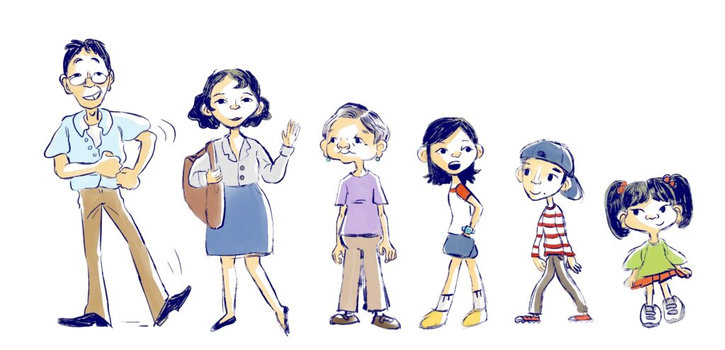 The five characters of Chicken Soup & Goji Berries: mom, dad, grandma, and three kids