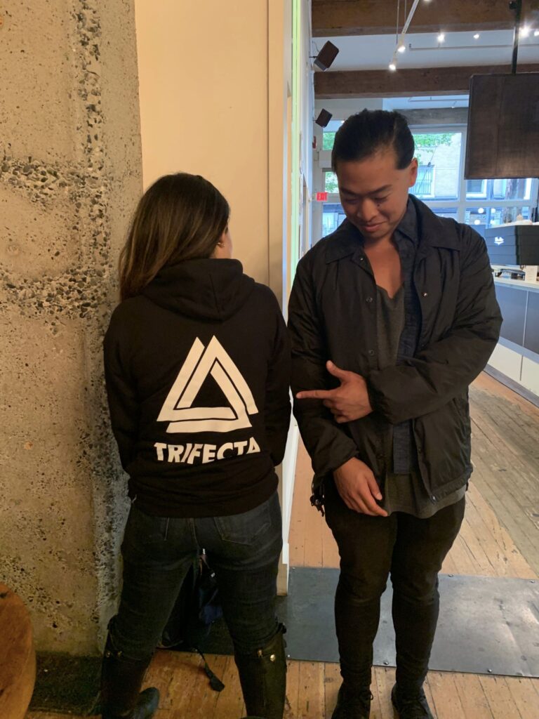 Natasha Jung in a Trifecta Sound Company sweater and Marvin Chan