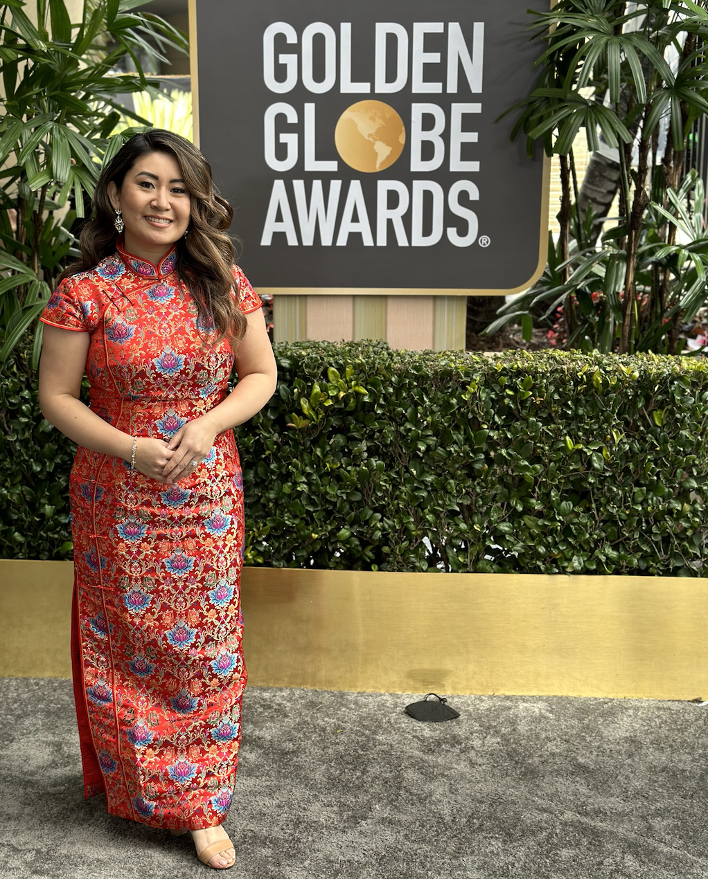 Cold Tea Collective founder Natasha Jung at last year's Golden Globe awards wearing a red cheongsam from East Meets Dress.