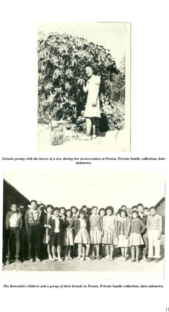 Black and white pictures of the author's grandmother and family during her time in Japanese internment camps, with text describing the pictures