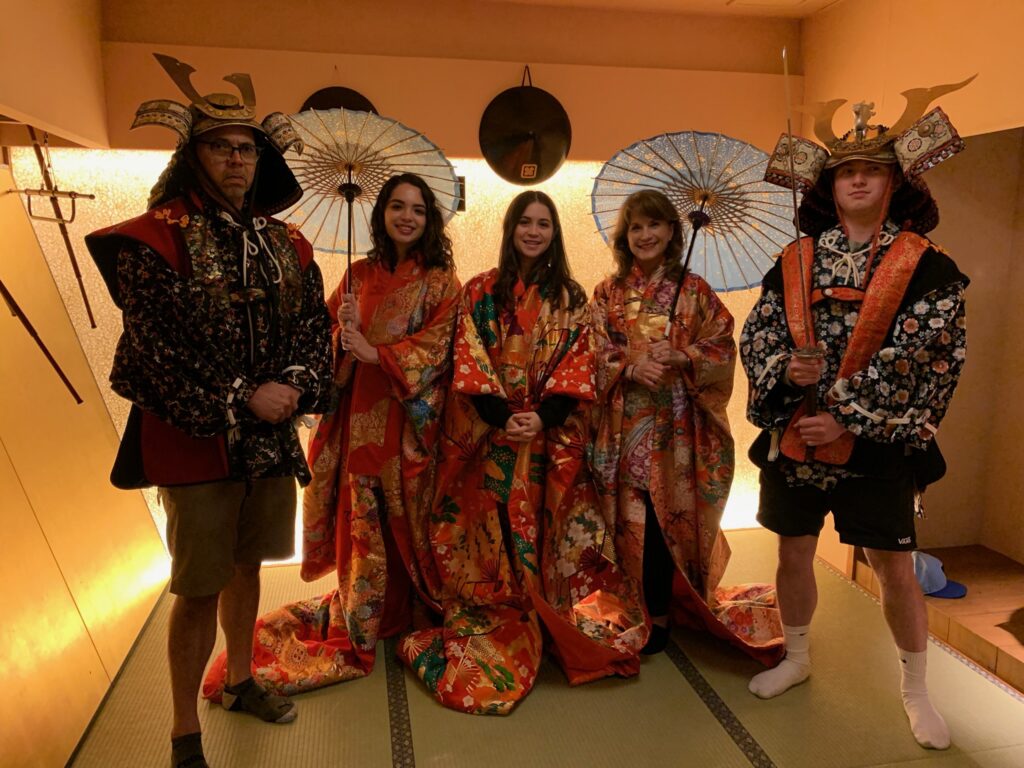 The author and her family dressed in traditional Japanese garb, taken during a 2019 trip to Japan