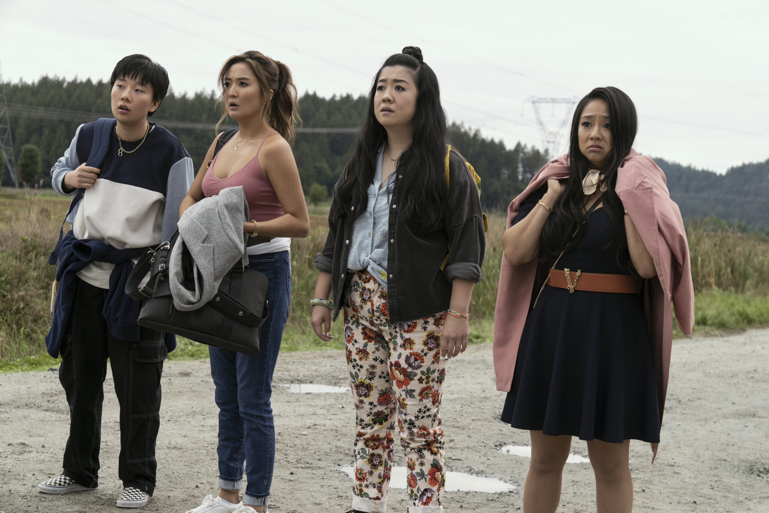 Sabrina Wu as Deadeye, Ashley Park as Audrey, Sherry Cola as Lolo, and Stephanie Hsu as Kat in Joy Ride.