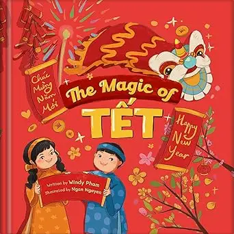 The book cover for Tết Together features a colorful and festive illustration of two children joyfully celebrating Tết, the Vietnamese Lunar New Year. A large red and white dragon dances in the background, while the children hold a scroll with the title "Tết Together" written on it. The boy is dressed in a green áo dài with yellow polka dots, and the girl wears a pink áo dài with flowers. Gold coins and a blooming yellow apricot tree are scattered around, symbolizing prosperity and spring. The book is written by Alice Trinh and illustrated by Jade Le, with a cheerful and celebratory atmosphere.