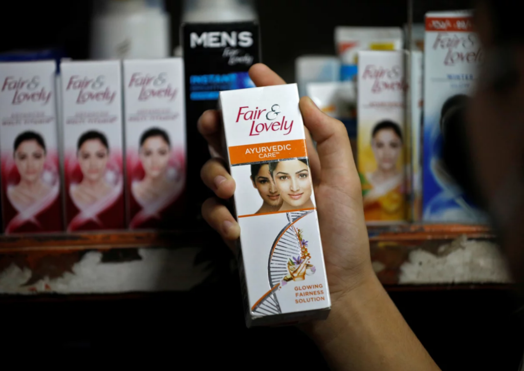 A package of skin-lightening cream in a shop India. The name has since been changed to  "Glow and Lovely."