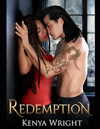 Book cover featuring a shirtless Asian man with long black hair and a dragon tattoo embracing a Black woman in a red dress, both leaning against a dark window in an intimate pose.