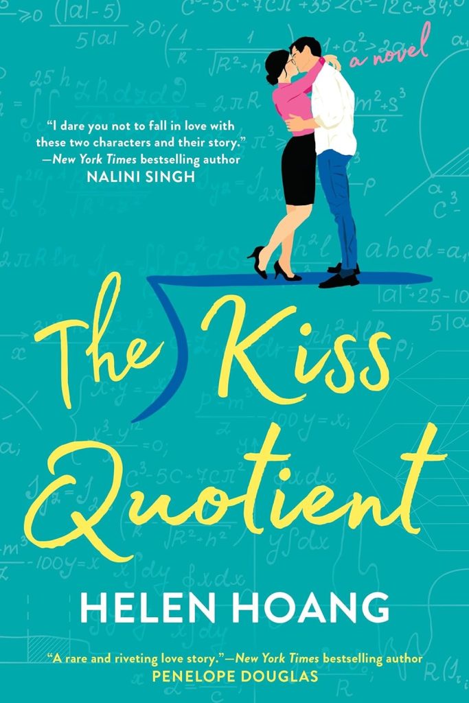 Turquoise illustrated cover featuring a couple kissing. The woman is wearing a pink top and black pencil skirt while the man wears a white shirt and blue pants. Background includes faint math equations and geometric drawings.