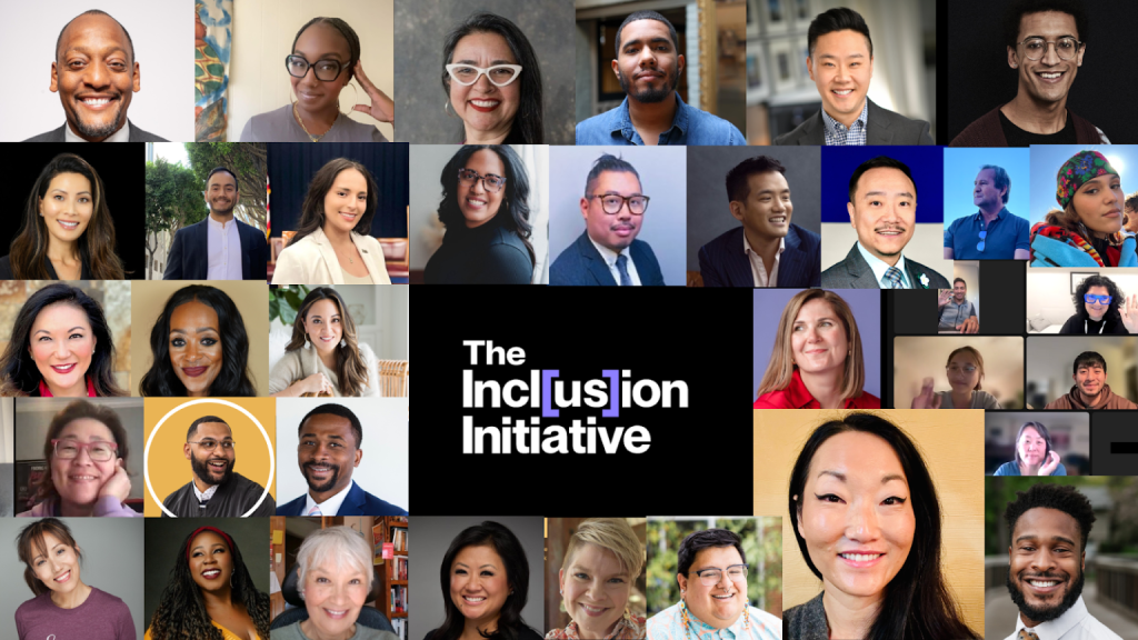 A collage of many headshot photos arranged in a grid around a black center panel that reads “The Inclu[s]ion Initiative.” The headshots show a diverse group of people of different ages, genders, and backgrounds, photographed in a mix of professional portraits and casual settings, representing a broad, inclusive community.
