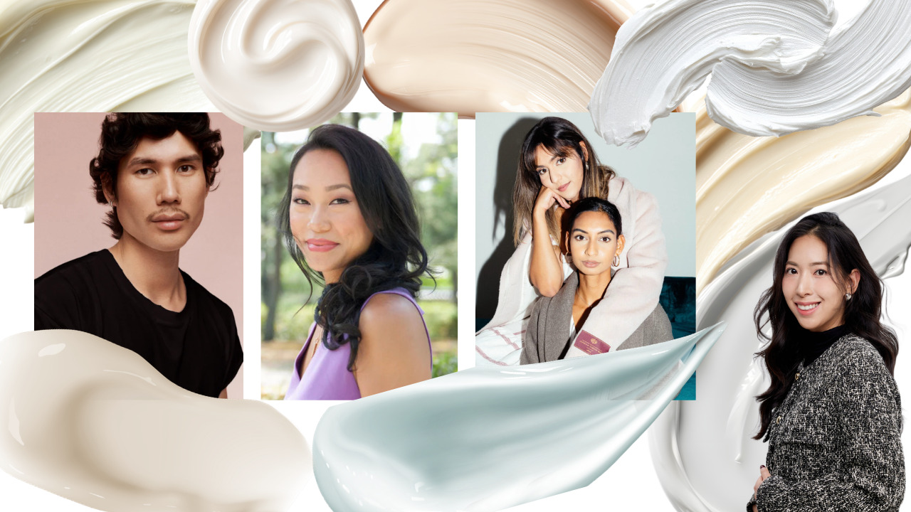 Patrick Ta, Vicky Tsai, Taran and Bunny Ghatora and Diana Choi on top of textured skin creams of a variety of light colours including white, pink, blue, yellow and beige.