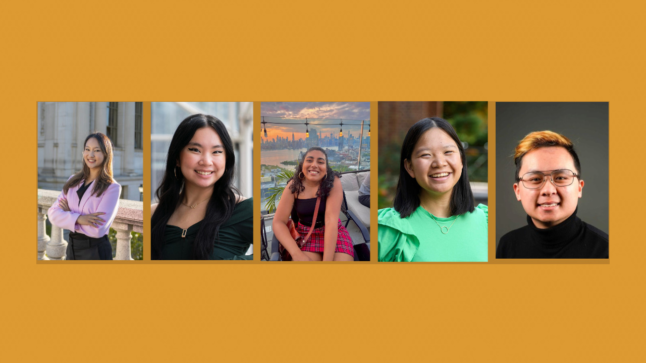 A collage of five portrait photos displayed in a row against a mustard yellow background. The individuals are smiling and dressed in a mix of professional and casual attire. Jada Yang stands outdoors in front of a stone building with folded arms. Aliza Lopez s a close-up portrait taken outdoors. The Shruti Rajkumar is seated on a rooftop overlooking a city skyline at sunset. Zandy Wong smiles in a green top with a leafy outdoor background. Ken Dinh Vu in a studio-style headshot of him wearing glasses, a black turtleneck, and a dark background.